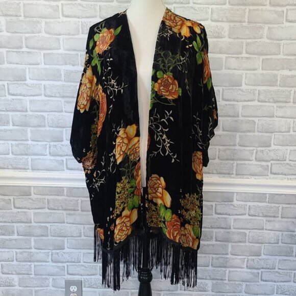 Daniel Rainn Black Velvet Burnout Boho Open Front Cardigan Kimono Fringe Large - Picture 1 of 8